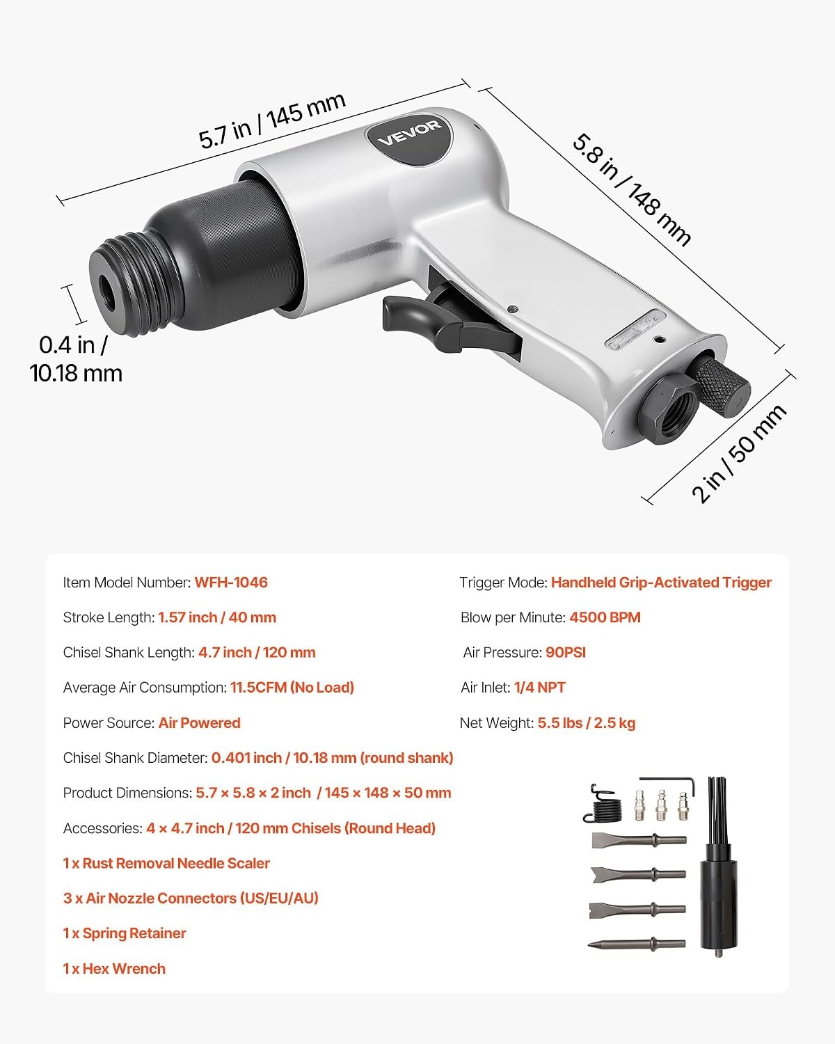 image:imageVEVOR Air Hammer 4500BPM Pneumatic Hammer with Rust Removal Air Needle Scaler amp 4PCS Chisels Round Shank Lightweight amp Compact Air Chisel Pneumatic Shovel Tool for Cutting Scraping Demolishing