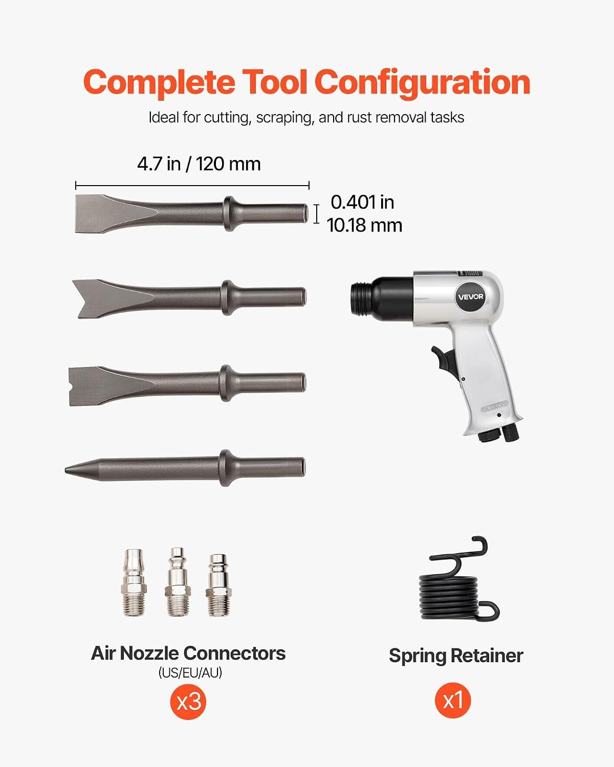 image:imageVEVOR Air Hammer 4500BPM Pneumatic Hammer with Rust Removal Air Needle Scaler amp 4PCS Chisels Round Shank Lightweight amp Compact Air Chisel Pneumatic Shovel Tool for Cutting Scraping Demolishing