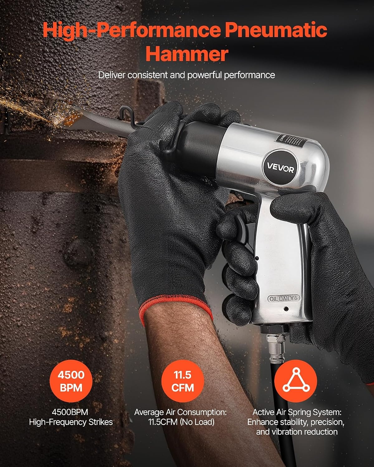 image:imageVEVOR Air Hammer 4500BPM Pneumatic Hammer with Rust Removal Air Needle Scaler amp 4PCS Chisels Round Shank Lightweight amp Compact Air Chisel Pneumatic Shovel Tool for Cutting Scraping Demolishing
