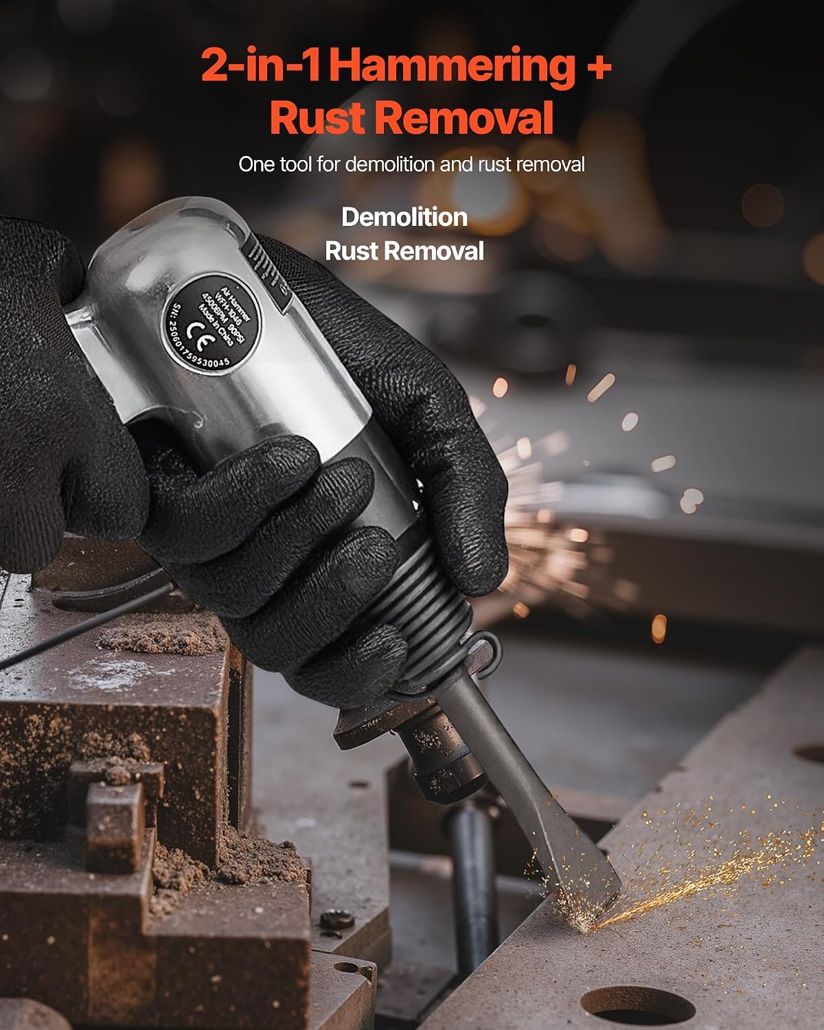 image:imageVEVOR Air Hammer 4500BPM Pneumatic Hammer with Rust Removal Air Needle Scaler amp 4PCS Chisels Round Shank Lightweight amp Compact Air Chisel Pneumatic Shovel Tool for Cutting Scraping Demolishing