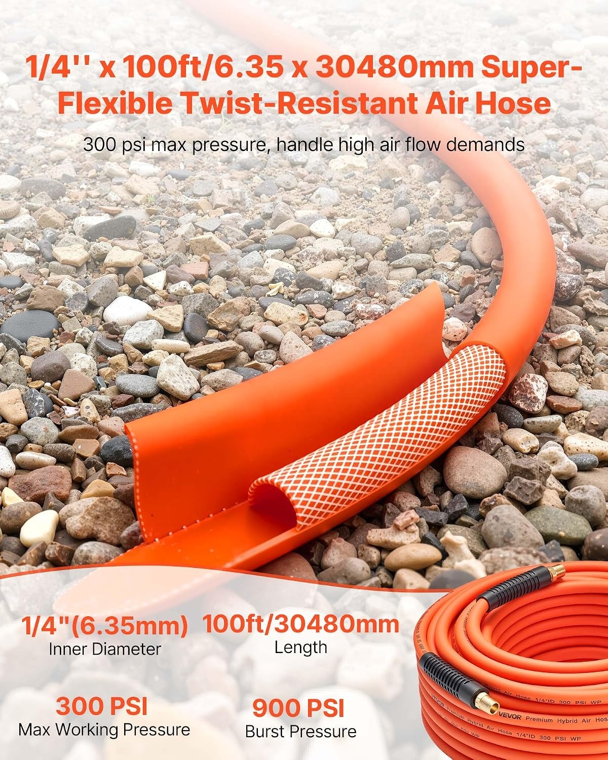 image:imageVEVOR Air Hose 38 x 250FT Hybrid Air Compressor Hose 300 PSI KinkResistant Pneumatic Hoses with ThreeLayer Construction for Auto amp Home DIY Projetcs AllWeather Flexibility No Fittings14IN X 100FT
