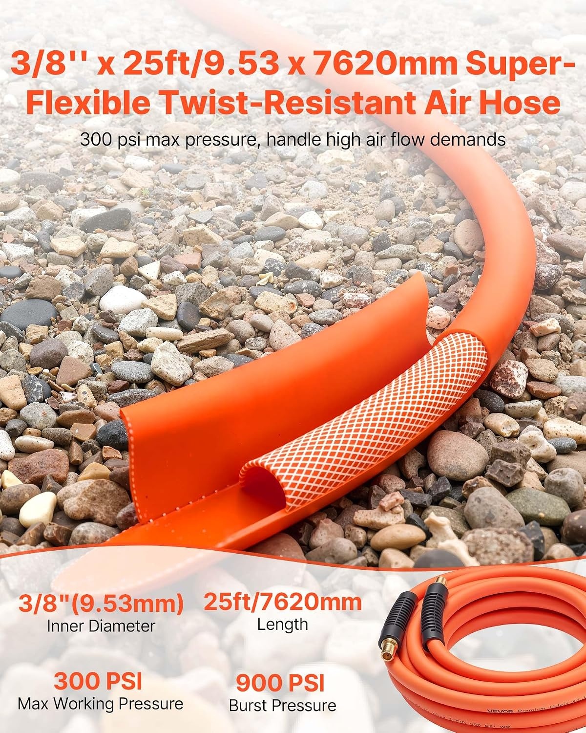 image:imageVEVOR Air Hose 38 x 250FT Hybrid Air Compressor Hose 300 PSI KinkResistant Pneumatic Hoses with ThreeLayer Construction for Auto amp Home DIY Projetcs AllWeather Flexibility No Fittings38IN X 25FT