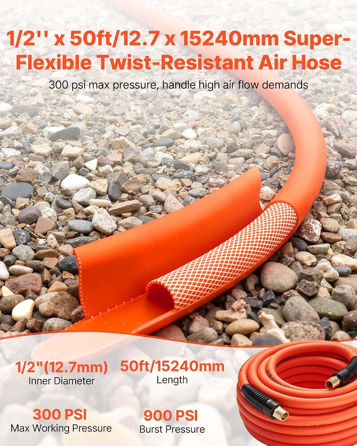 image:imageVEVOR Air Hose 38 x 250FT Hybrid Air Compressor Hose 300 PSI KinkResistant Pneumatic Hoses with ThreeLayer Construction for Auto amp Home DIY Projetcs AllWeather Flexibility No Fittings12IN X 50FT