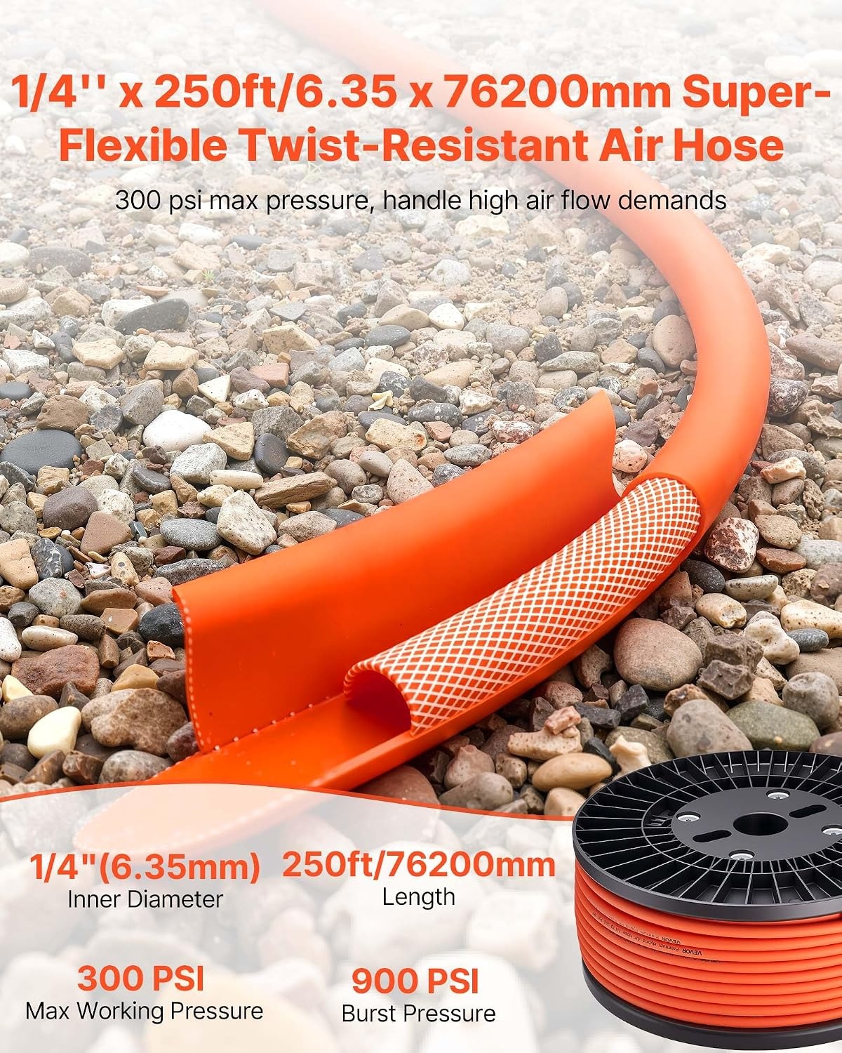 image:imageVEVOR Air Hose 38 x 250FT Hybrid Air Compressor Hose 300 PSI KinkResistant Pneumatic Hoses with ThreeLayer Construction for Auto amp Home DIY Projetcs AllWeather Flexibility No Fittings14IN X 250FT
