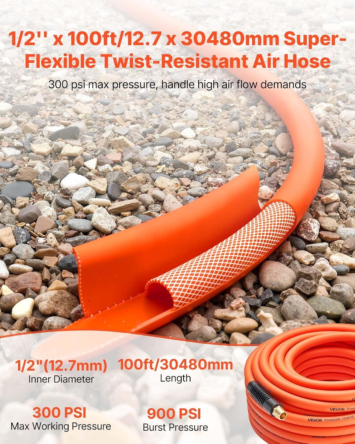 image:imageVEVOR Air Hose 38 x 250FT Hybrid Air Compressor Hose 300 PSI KinkResistant Pneumatic Hoses with ThreeLayer Construction for Auto amp Home DIY Projetcs AllWeather Flexibility No Fittings12IN X 100FT