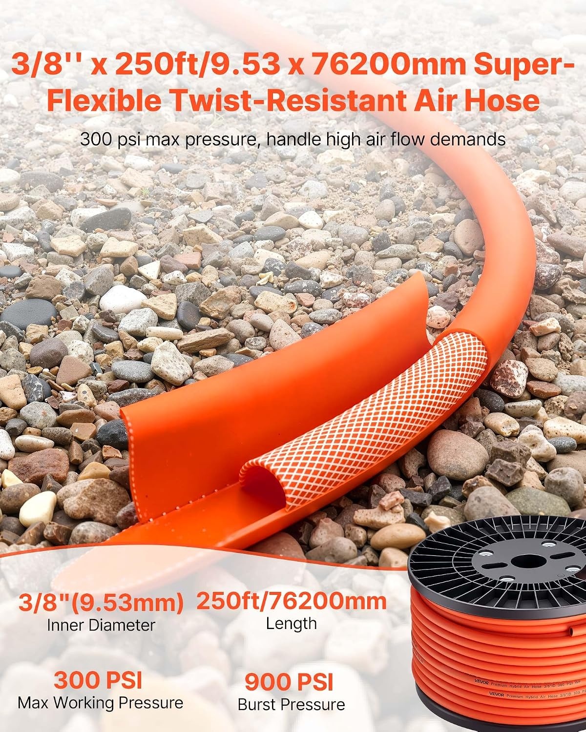 image:imageVEVOR Air Hose 38 x 250FT Hybrid Air Compressor Hose 300 PSI KinkResistant Pneumatic Hoses with ThreeLayer Construction for Auto amp Home DIY Projetcs AllWeather Flexibility No Fittings38IN X 250FT