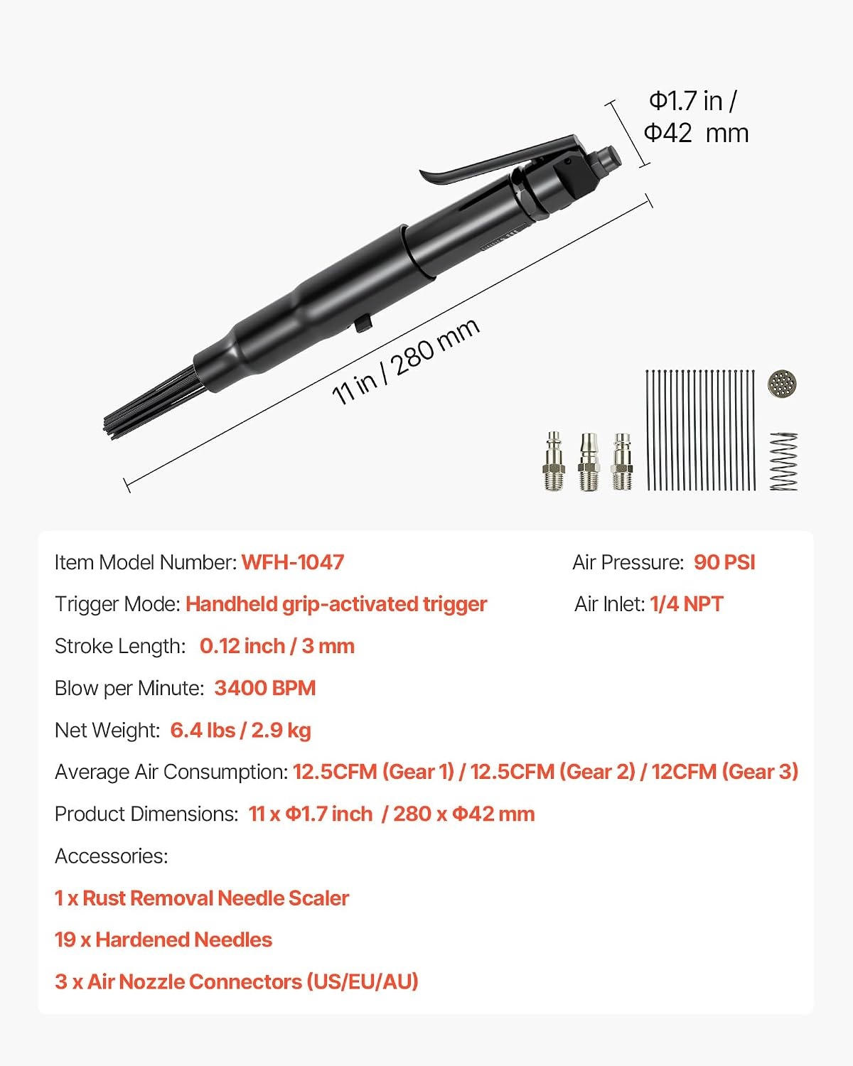 image:imageVEVOR Air Needle Scaler 3400BPM Pneumatic Scaler for Rust Paint Removal with 3Speed Adjustment 19 Hardened Needles amp 3 Air Nozzle Connectors Lightweight Compact amp Ergonomic Grip
