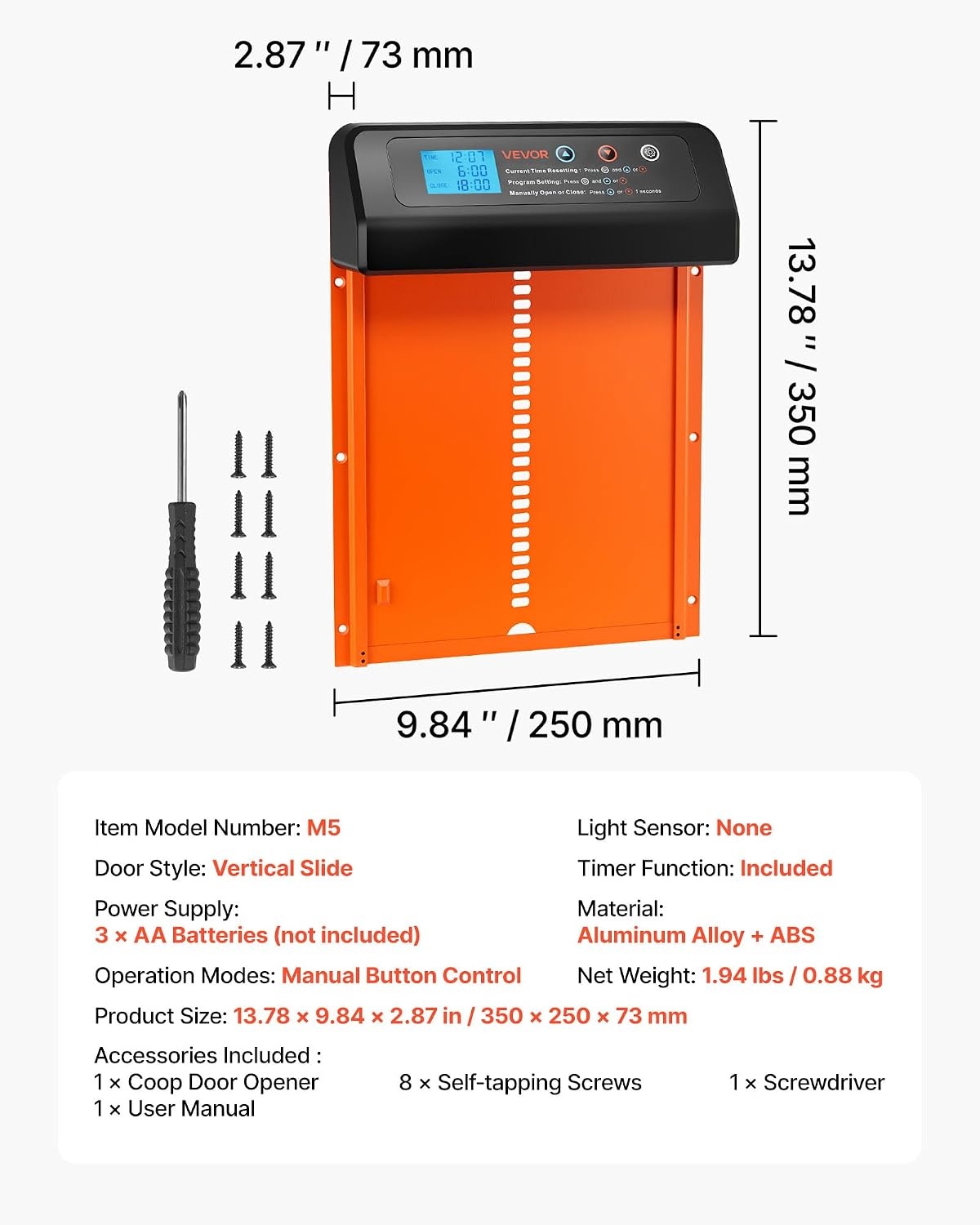 image:imageVEVOR Automatic Chicken Coop Door Battery Powered Chicken Coop Door with Timer amp Manual Setting AntiPinch Security Durable Aluminum Alloy Auto Chick Run Gate Opener with Waterproof Sealing BlackOrange