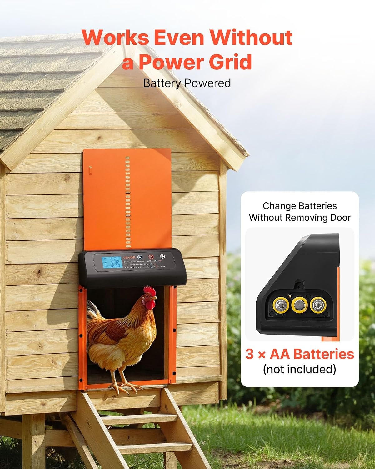 image:imageVEVOR Automatic Chicken Coop Door Battery Powered Chicken Coop Door with Timer amp Manual Setting AntiPinch Security Durable Aluminum Alloy Auto Chick Run Gate Opener with Waterproof Sealing BlackOrange