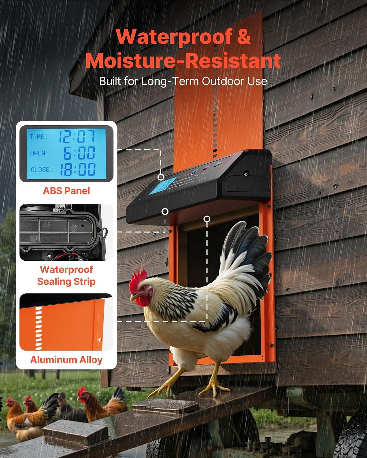 image:imageVEVOR Automatic Chicken Coop Door Battery Powered Chicken Coop Door with Timer amp Manual Setting AntiPinch Security Durable Aluminum Alloy Auto Chick Run Gate Opener with Waterproof Sealing BlackOrange
