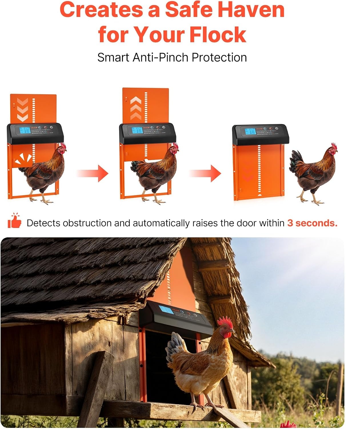 image:imageVEVOR Automatic Chicken Coop Door Battery Powered Chicken Coop Door with Timer amp Manual Setting AntiPinch Security Durable Aluminum Alloy Auto Chick Run Gate Opener with Waterproof Sealing BlackOrange
