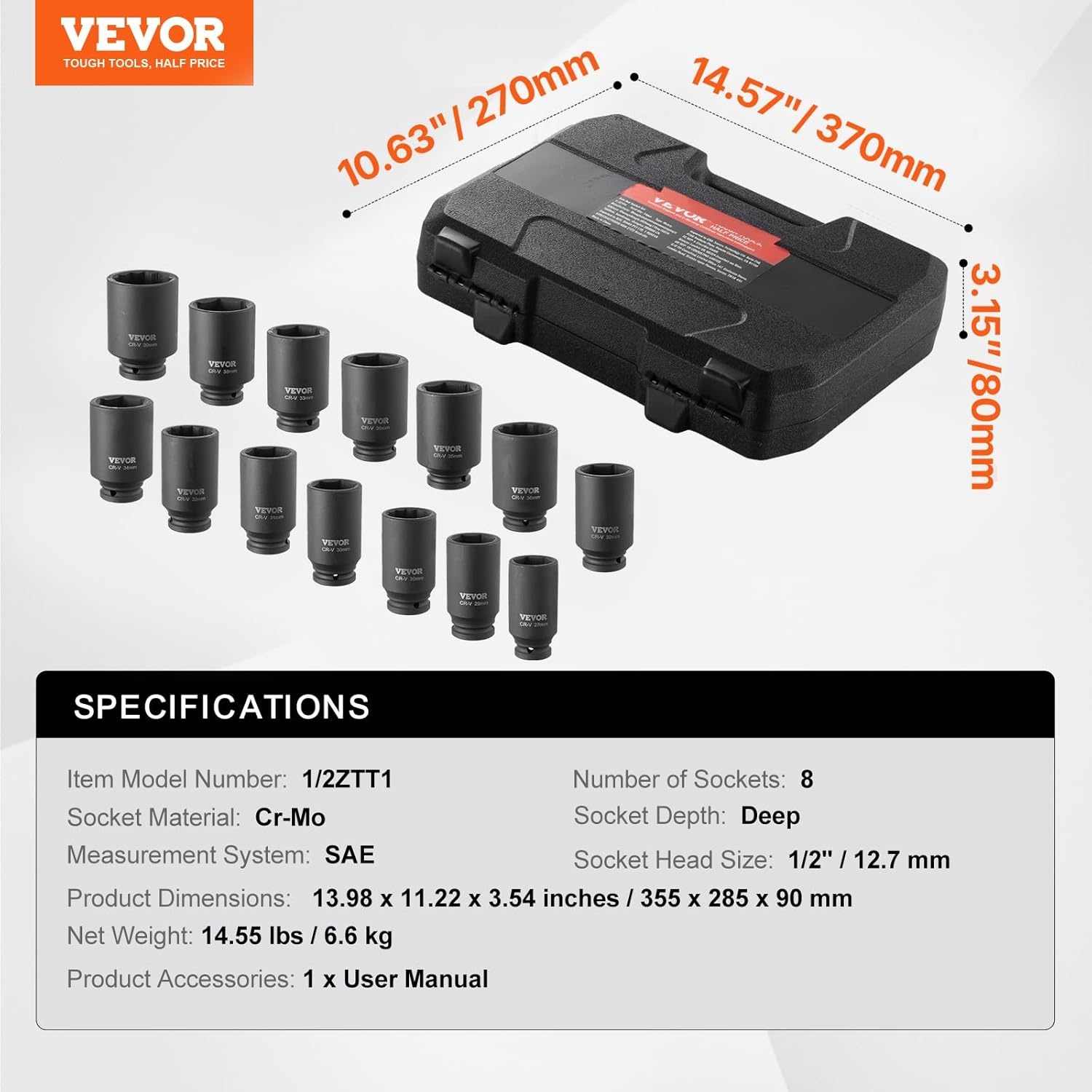 image:imageVEVOR Axle Nut Impact Socket Set 34 Drive Deep 6Point 8Piece SAE Spindle Nut Socket CRMO Heat Treated Large Socket Set with Storage Case for Auto Repair Removing or Installing Axle Nuts12 14PCS CRMO