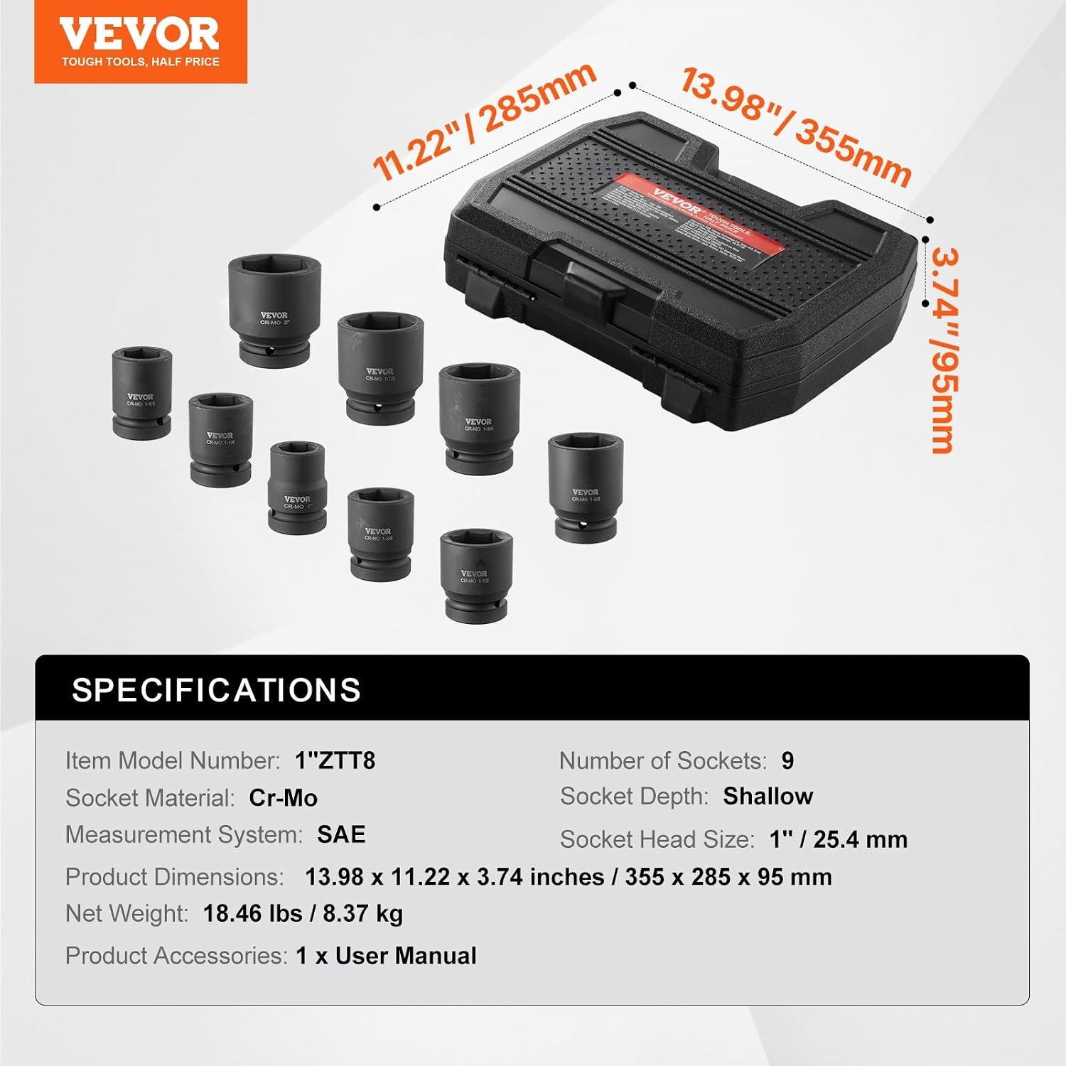 image:imageVEVOR Axle Nut Impact Socket Set 34 Drive Deep 6Point 8Piece SAE Spindle Nut Socket CRMO Heat Treated Large Socket Set with Storage Case for Auto Repair Removing or Installing Axle Nuts1 9PCS CRMO