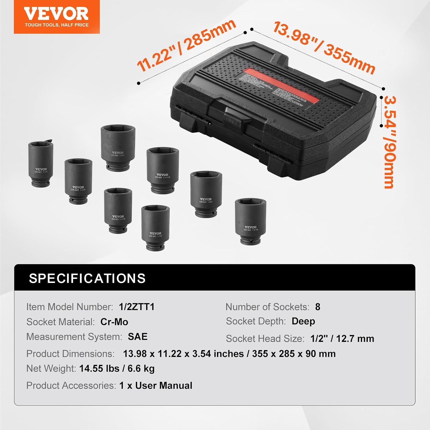 image:imageVEVOR Axle Nut Impact Socket Set 34 Drive Deep 6Point 8Piece SAE Spindle Nut Socket CRMO Heat Treated Large Socket Set with Storage Case for Auto Repair Removing or Installing Axle Nuts12 8PCS CRMO