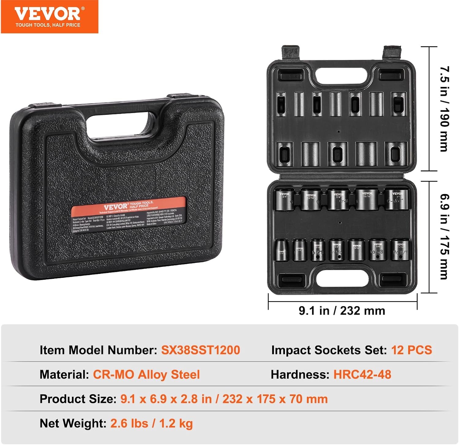 image:imageVEVOR Axle Nut Impact Socket Set 34 Drive Deep 6Point 8Piece SAE Spindle Nut Socket CRMO Heat Treated Large Socket Set with Storage Case for Auto Repair Removing or Installing Axle Nuts38 12PCS CRMO