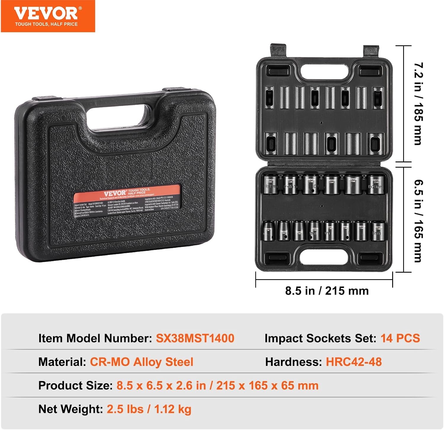 image:imageVEVOR Axle Nut Impact Socket Set 34 Drive Deep 6Point 8Piece SAE Spindle Nut Socket CRMO Heat Treated Large Socket Set with Storage Case for Auto Repair Removing or Installing Axle Nuts38 14PCS CRMO