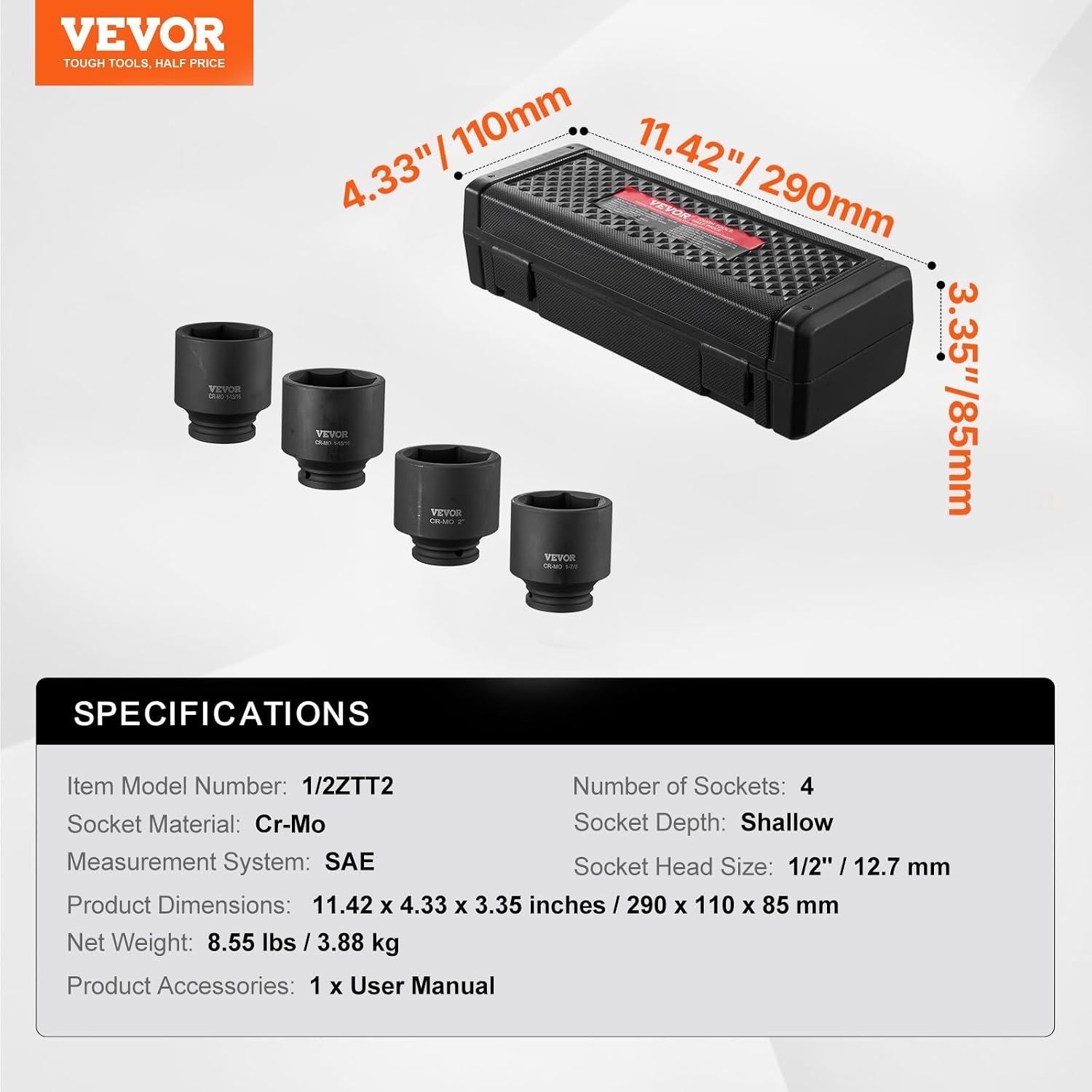image:imageVEVOR Axle Nut Impact Socket Set 34 Drive Deep 6Point 8Piece SAE Spindle Nut Socket CRMO Heat Treated Large Socket Set with Storage Case for Auto Repair Removing or Installing Axle Nuts12 4PCS CRMO