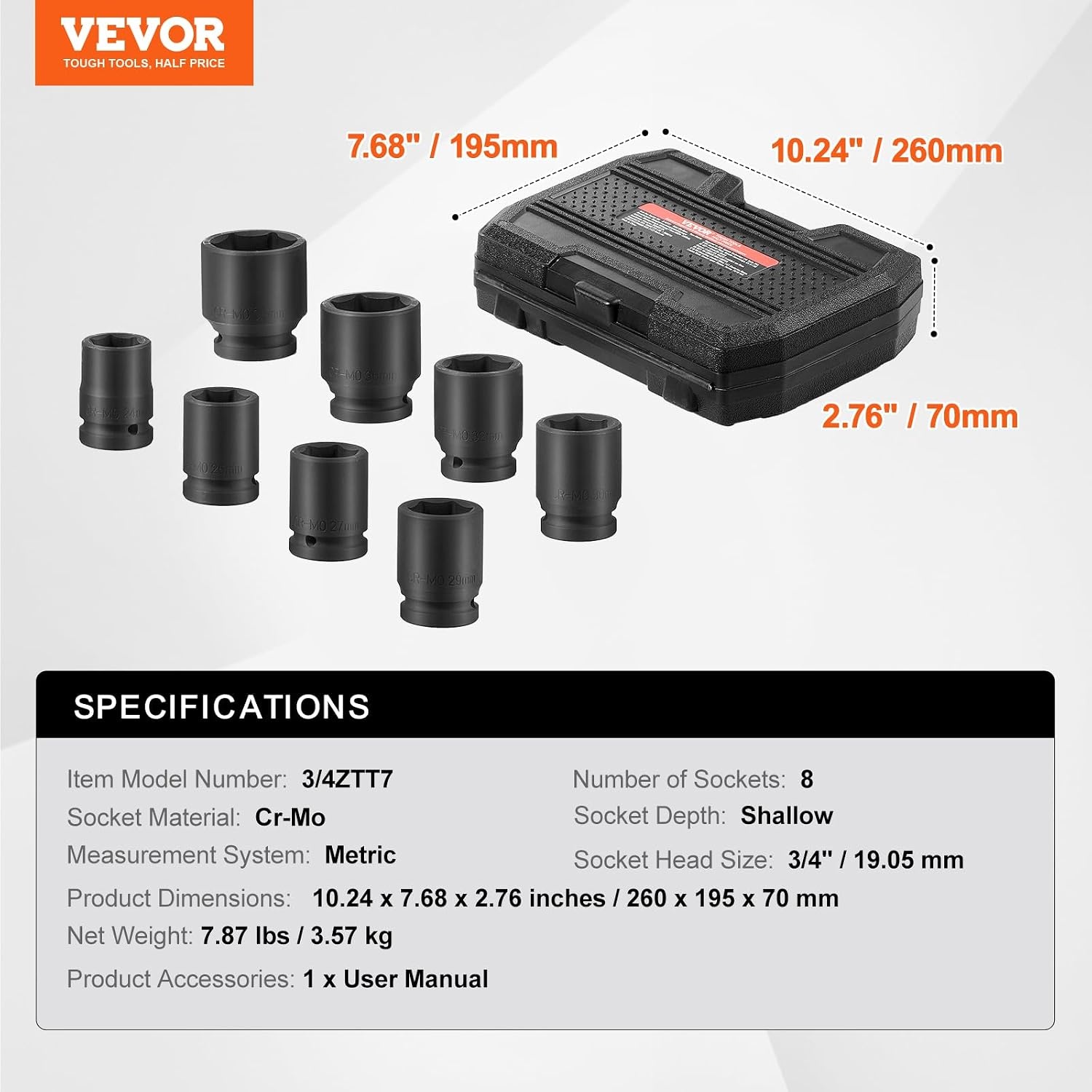 image:imageVEVOR Axle Nut Impact Socket Set 34 Drive Deep 6Point 8Piece SAE Spindle Nut Socket CRMO Heat Treated Large Socket Set with Storage Case for Auto Repair Removing or Installing Axle Nuts34 8PCS Metric CRMO