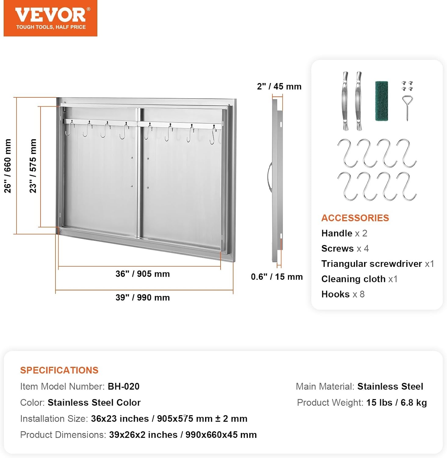 image:imageVEVOR BBQ Double Door 35W x 24H Inch Stainless Steel Flush Mount Vertical Door with Handles for Grilling Station39W x 26HSilver