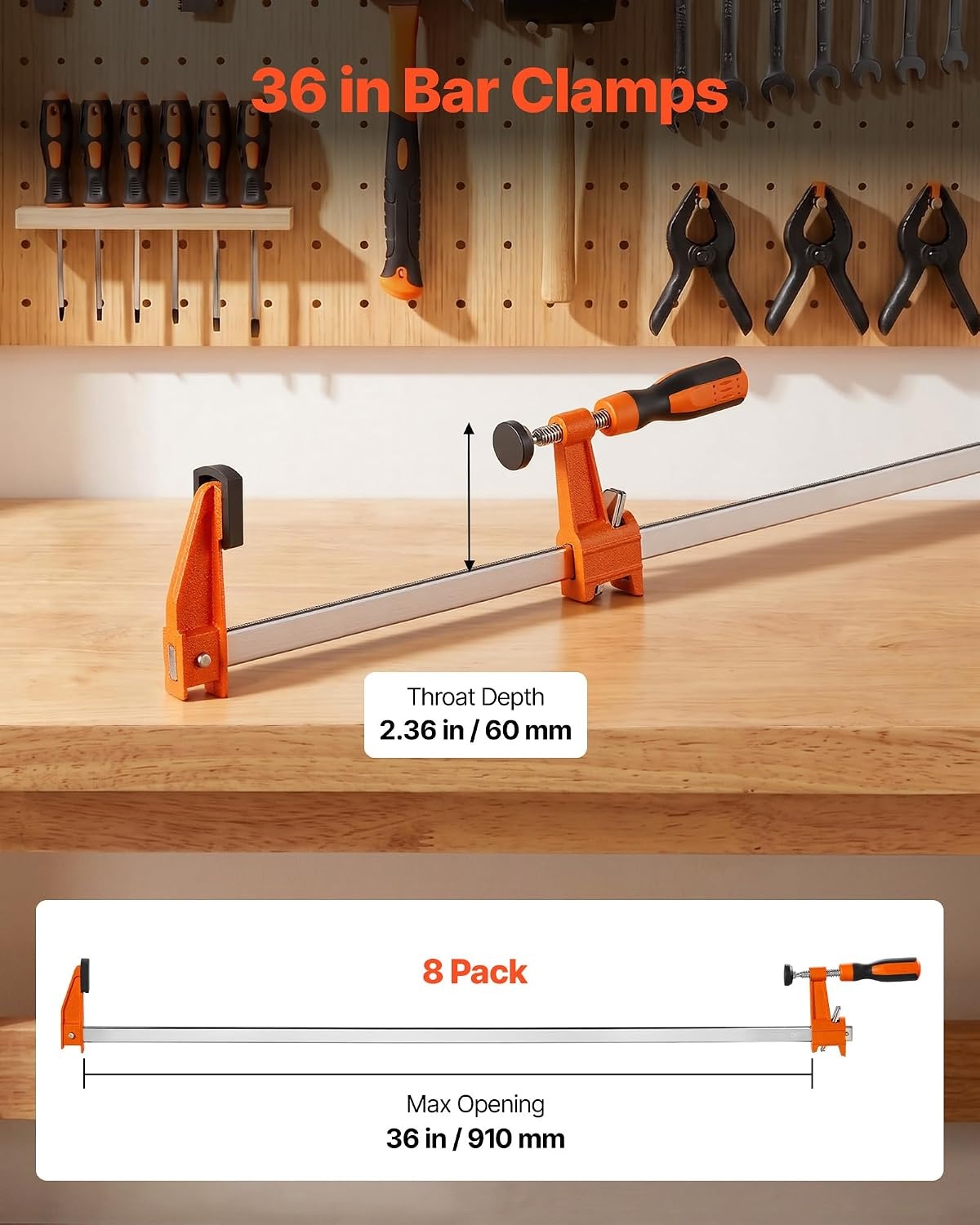 image:imageVEVOR Bar Clamps for Woodworking 8Pack 36 Opening F Clamps 600 lbs Load Limit with Plastic Pad and SelfLocking Design Premium Cast Iron and Carbon Steel for Wood Working and Metal Working