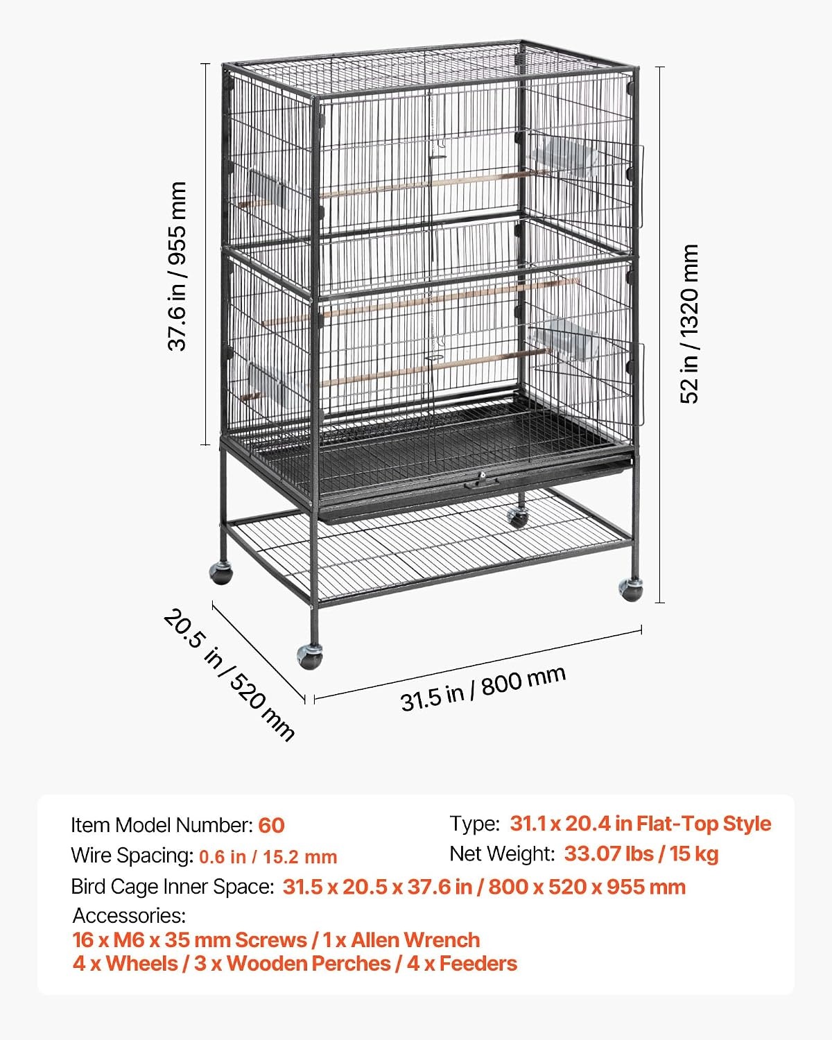 image:imageVEVOR Bird Cage 246 x 167 x 539 inch Flat Top Wrought Iron Bird Flight Cage with Perches SlideOut Tray and Plastic Feeders Casters for Parrot Blue Tit Cockatiel Canary Budgerigar ConureBlack