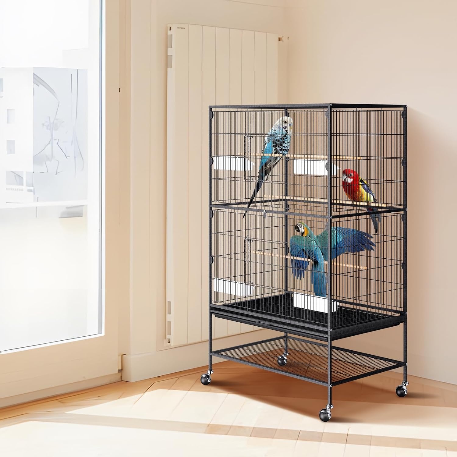 image:imageVEVOR Bird Cage 246 x 167 x 539 inch Flat Top Wrought Iron Bird Flight Cage with Perches SlideOut Tray and Plastic Feeders Casters for Parrot Blue Tit Cockatiel Canary Budgerigar ConureBlack