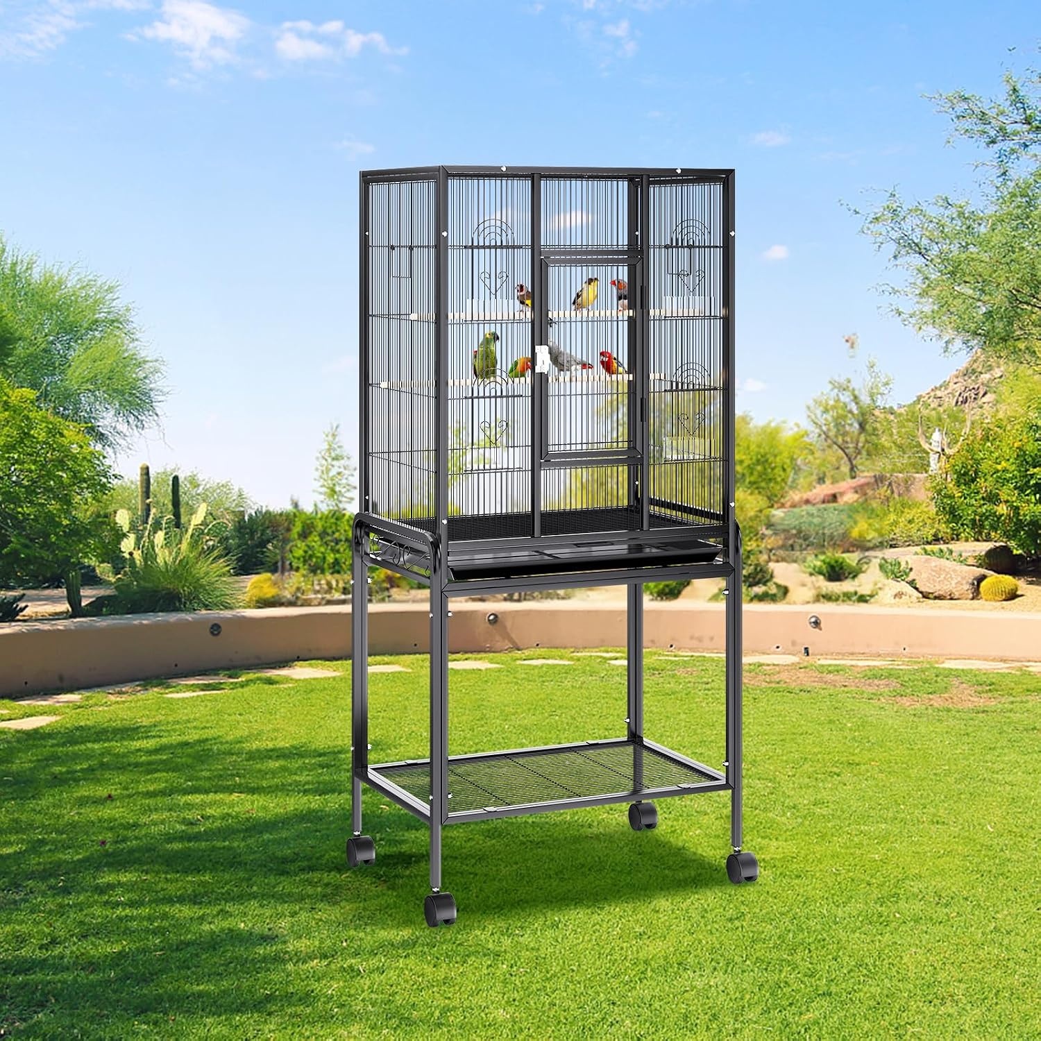 image:imageVEVOR Bird Cage 246 x 167 x 539 inch Flat Top Wrought Iron Bird Flight Cage with Perches SlideOut Tray and Plastic Feeders Casters for Parrot Blue Tit Cockatiel Canary Budgerigar ConureBlack