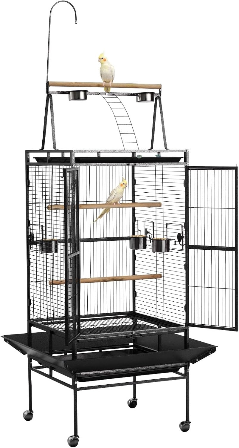 image:imageVEVOR Bird Cage 246 x 167 x 539 inch Flat Top Wrought Iron Bird Flight Cage with Perches SlideOut Tray and Plastic Feeders Casters for Parrot Blue Tit Cockatiel Canary Budgerigar ConureBlack