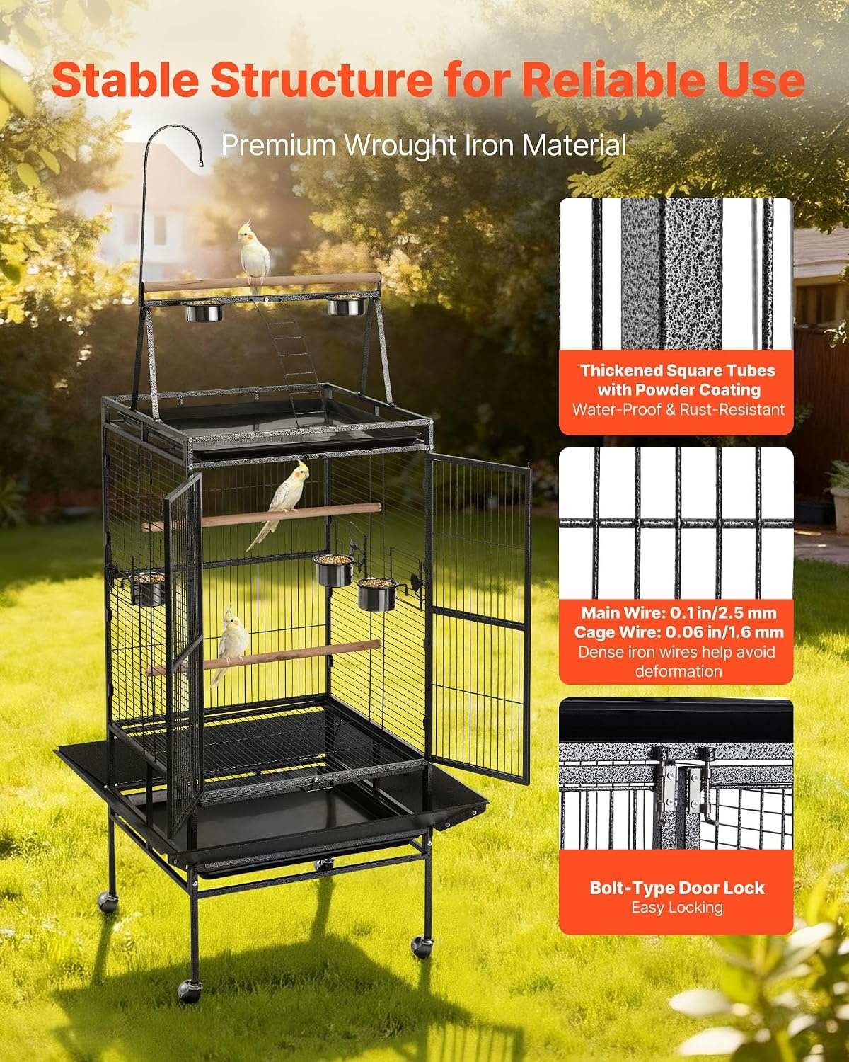 image:imageVEVOR Bird Cage 246 x 167 x 539 inch Flat Top Wrought Iron Bird Flight Cage with Perches SlideOut Tray and Plastic Feeders Casters for Parrot Blue Tit Cockatiel Canary Budgerigar ConureBlack
