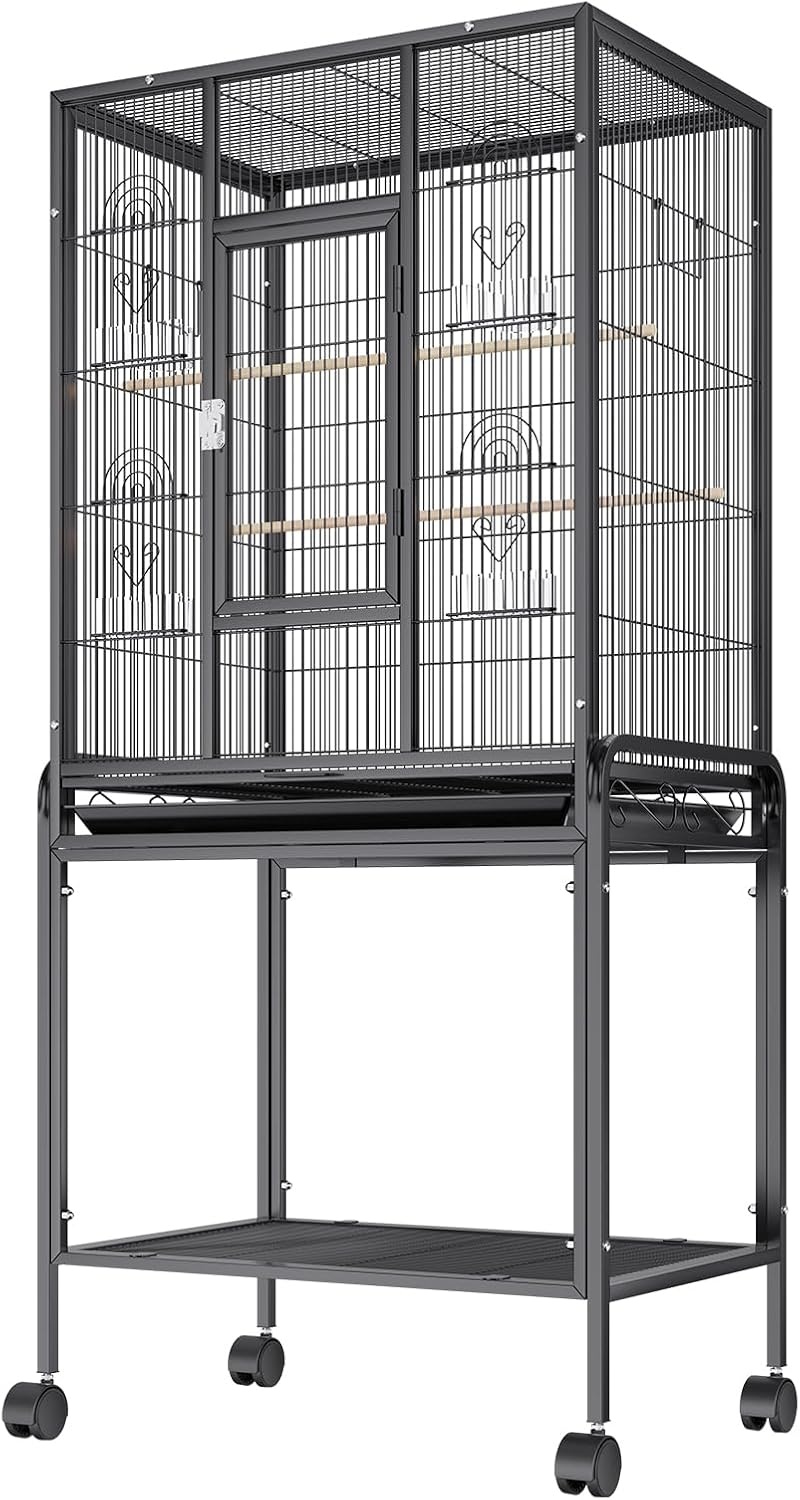image:imageVEVOR Bird Cage 246 x 167 x 539 inch Flat Top Wrought Iron Bird Flight Cage with Perches SlideOut Tray and Plastic Feeders Casters for Parrot Blue Tit Cockatiel Canary Budgerigar ConureBlack