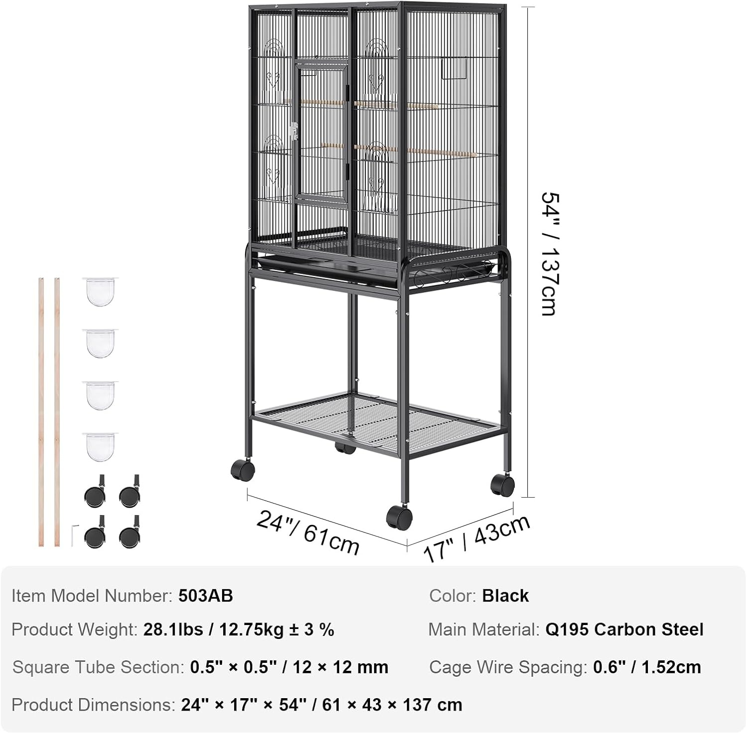 image:imageVEVOR Bird Cage 246 x 167 x 539 inch Flat Top Wrought Iron Bird Flight Cage with Perches SlideOut Tray and Plastic Feeders Casters for Parrot Blue Tit Cockatiel Canary Budgerigar ConureBlack