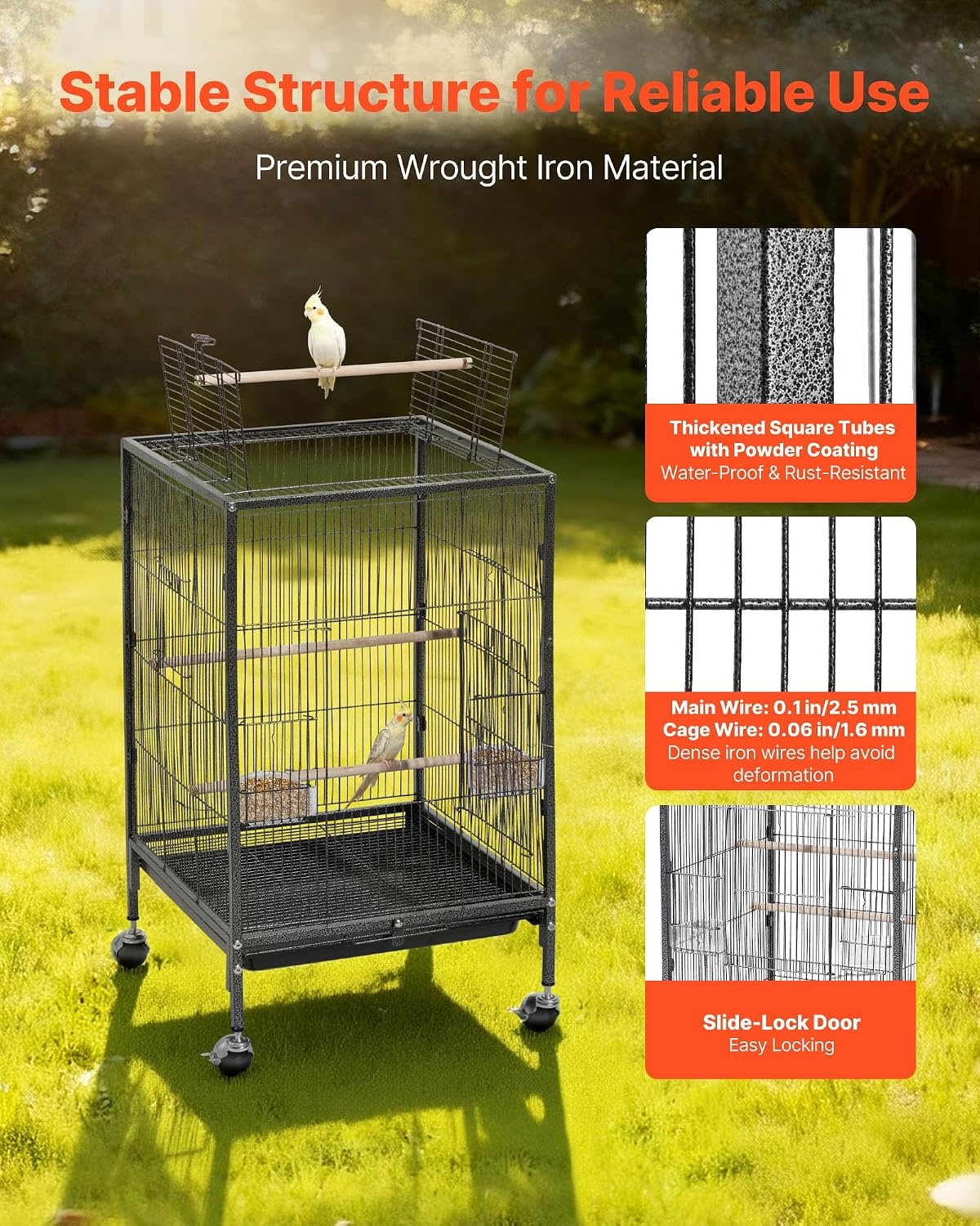image:imageVEVOR Bird Cage 246 x 167 x 539 inch Flat Top Wrought Iron Bird Flight Cage with Perches SlideOut Tray and Plastic Feeders Casters for Parrot Blue Tit Cockatiel Canary Budgerigar ConureBlack