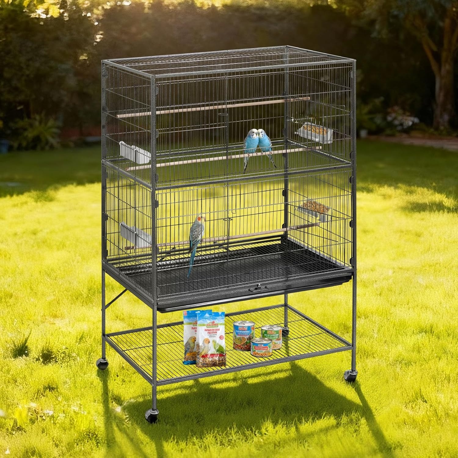 image:imageVEVOR Bird Cage 246 x 167 x 539 inch Flat Top Wrought Iron Bird Flight Cage with Perches SlideOut Tray and Plastic Feeders Casters for Parrot Blue Tit Cockatiel Canary Budgerigar ConureBlack