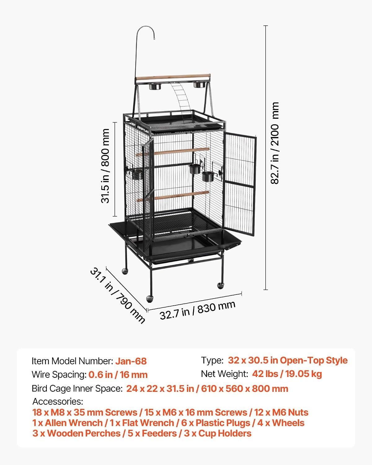 image:imageVEVOR Bird Cage 246 x 167 x 539 inch Flat Top Wrought Iron Bird Flight Cage with Perches SlideOut Tray and Plastic Feeders Casters for Parrot Blue Tit Cockatiel Canary Budgerigar ConureBlack