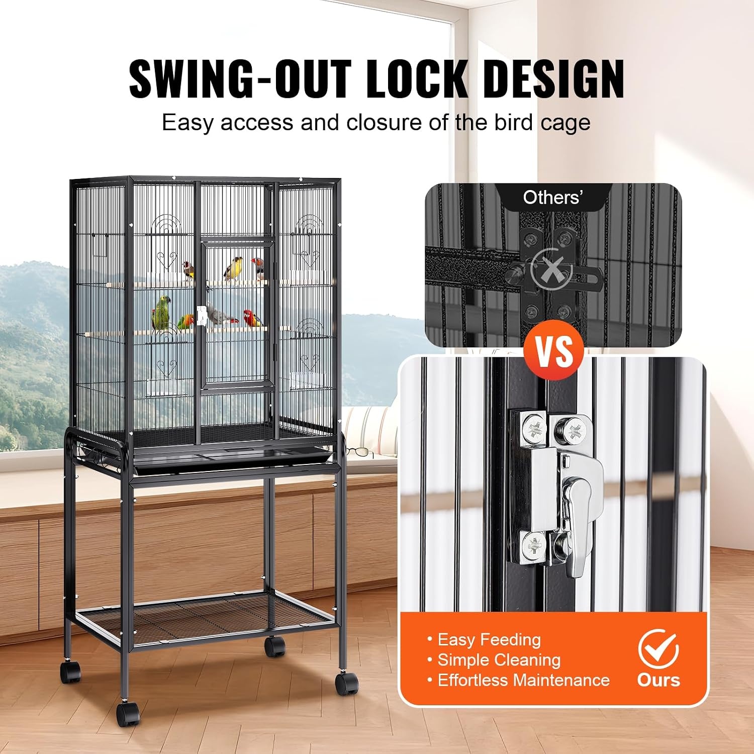 image:imageVEVOR Bird Cage 246 x 167 x 539 inch Flat Top Wrought Iron Bird Flight Cage with Perches SlideOut Tray and Plastic Feeders Casters for Parrot Blue Tit Cockatiel Canary Budgerigar ConureBlack