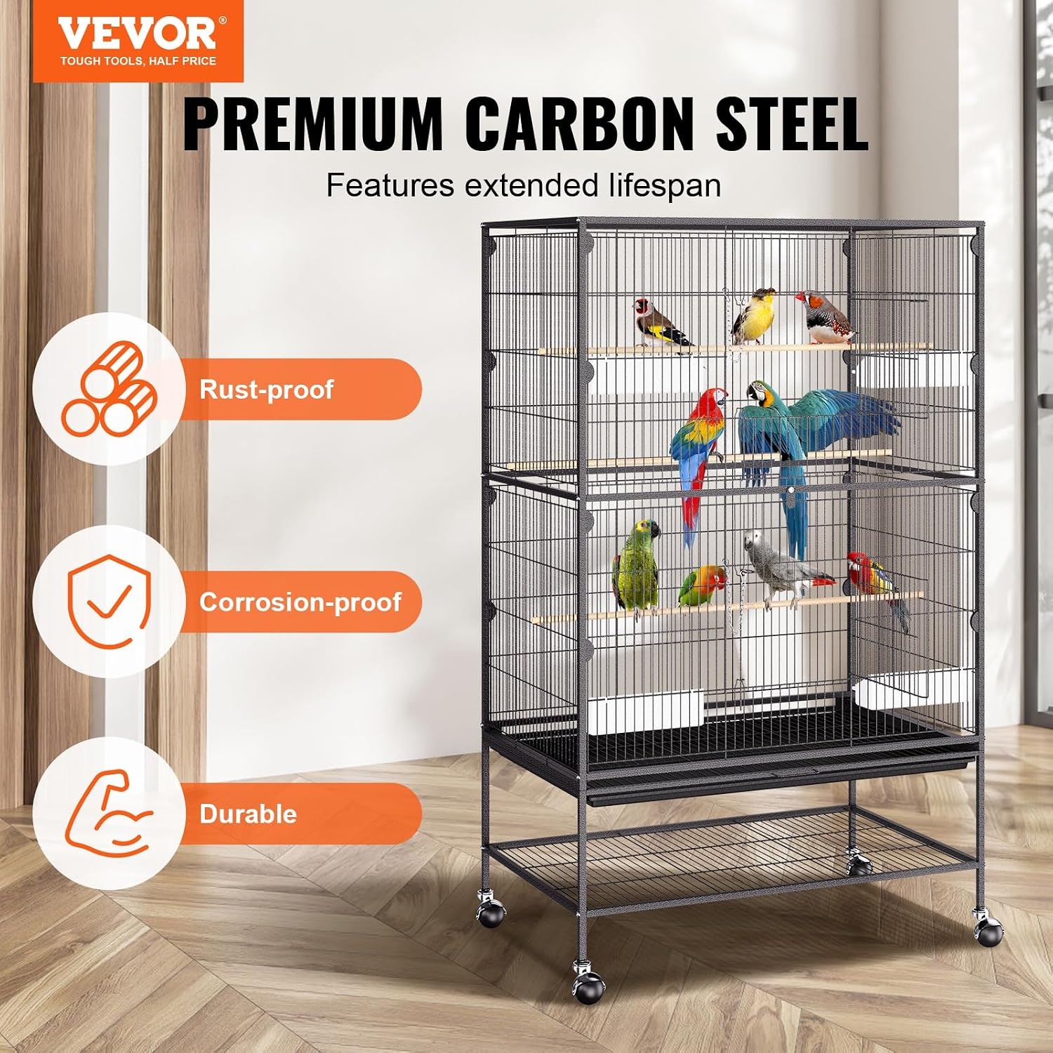 image:imageVEVOR Bird Cage 246 x 167 x 539 inch Flat Top Wrought Iron Bird Flight Cage with Perches SlideOut Tray and Plastic Feeders Casters for Parrot Blue Tit Cockatiel Canary Budgerigar ConureBlack