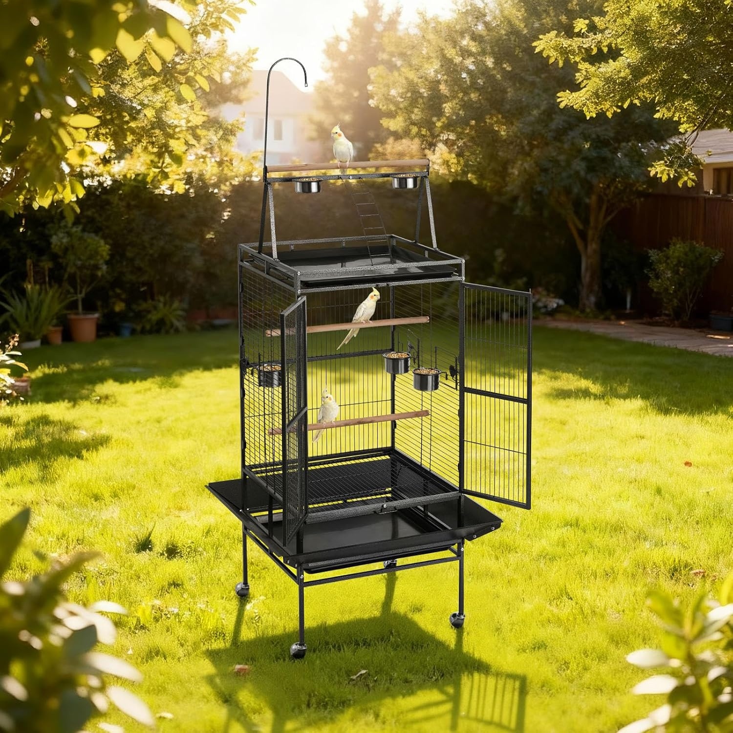 image:imageVEVOR Bird Cage 246 x 167 x 539 inch Flat Top Wrought Iron Bird Flight Cage with Perches SlideOut Tray and Plastic Feeders Casters for Parrot Blue Tit Cockatiel Canary Budgerigar ConureBlack