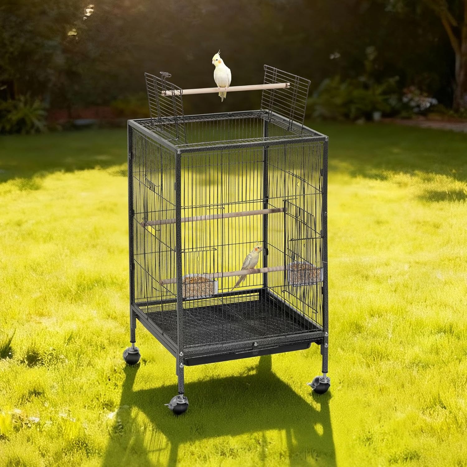 image:imageVEVOR Bird Cage 246 x 167 x 539 inch Flat Top Wrought Iron Bird Flight Cage with Perches SlideOut Tray and Plastic Feeders Casters for Parrot Blue Tit Cockatiel Canary Budgerigar ConureBlack