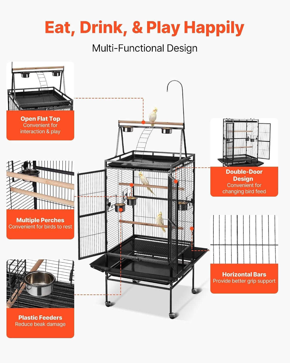 image:imageVEVOR Bird Cage 246 x 167 x 539 inch Flat Top Wrought Iron Bird Flight Cage with Perches SlideOut Tray and Plastic Feeders Casters for Parrot Blue Tit Cockatiel Canary Budgerigar ConureBlack