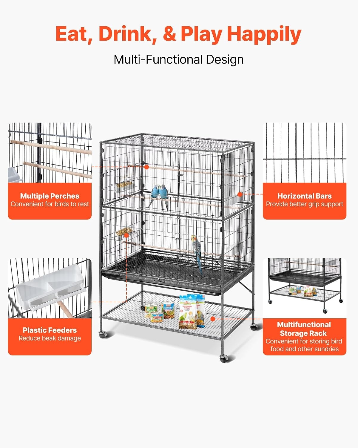 image:imageVEVOR Bird Cage 246 x 167 x 539 inch Flat Top Wrought Iron Bird Flight Cage with Perches SlideOut Tray and Plastic Feeders Casters for Parrot Blue Tit Cockatiel Canary Budgerigar ConureBlack