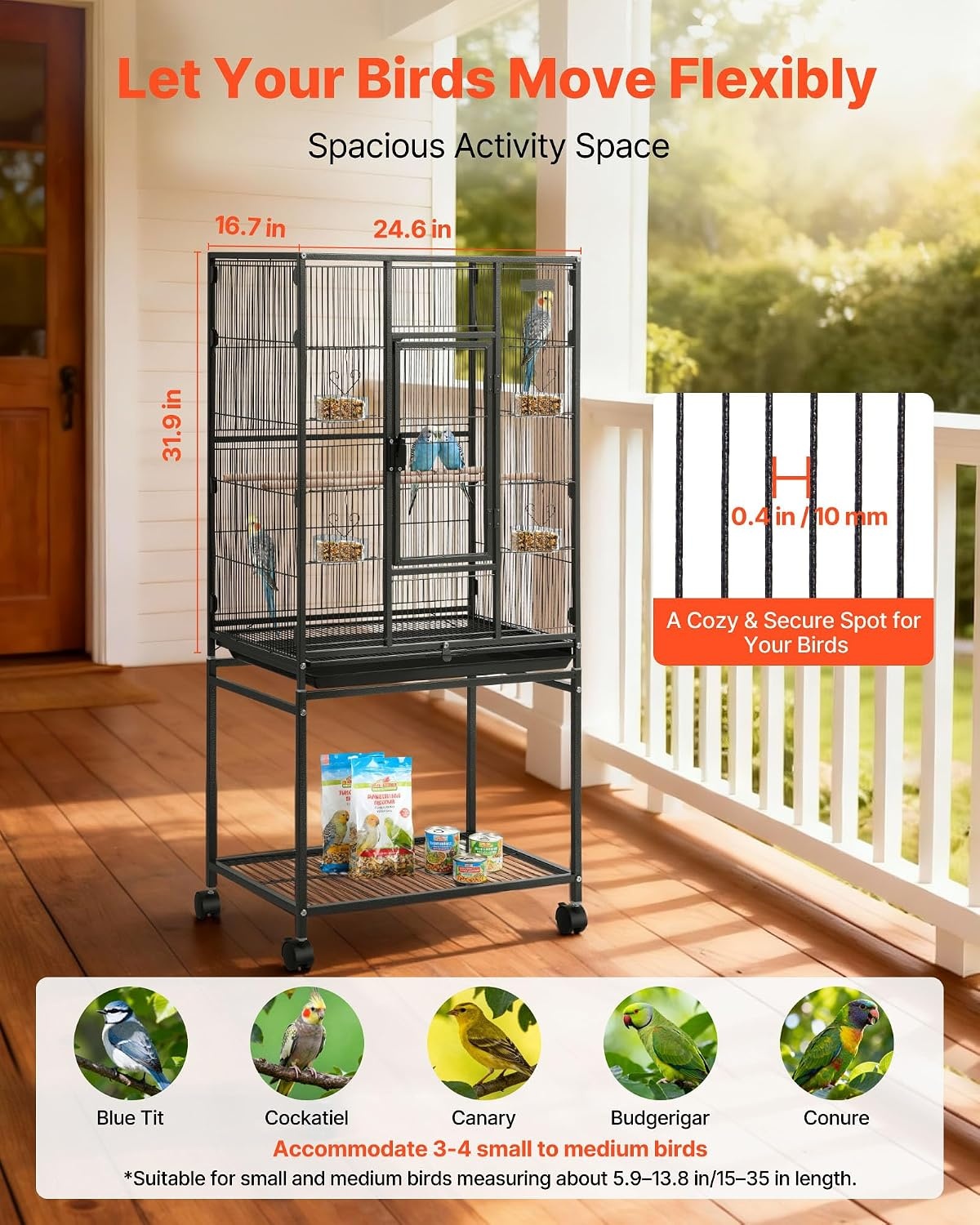 image:imageVEVOR Bird Cage 246 x 167 x 539 inch Flat Top Wrought Iron Bird Flight Cage with Perches SlideOut Tray and Plastic Feeders Casters for Parrot Blue Tit Cockatiel Canary Budgerigar ConureBlack