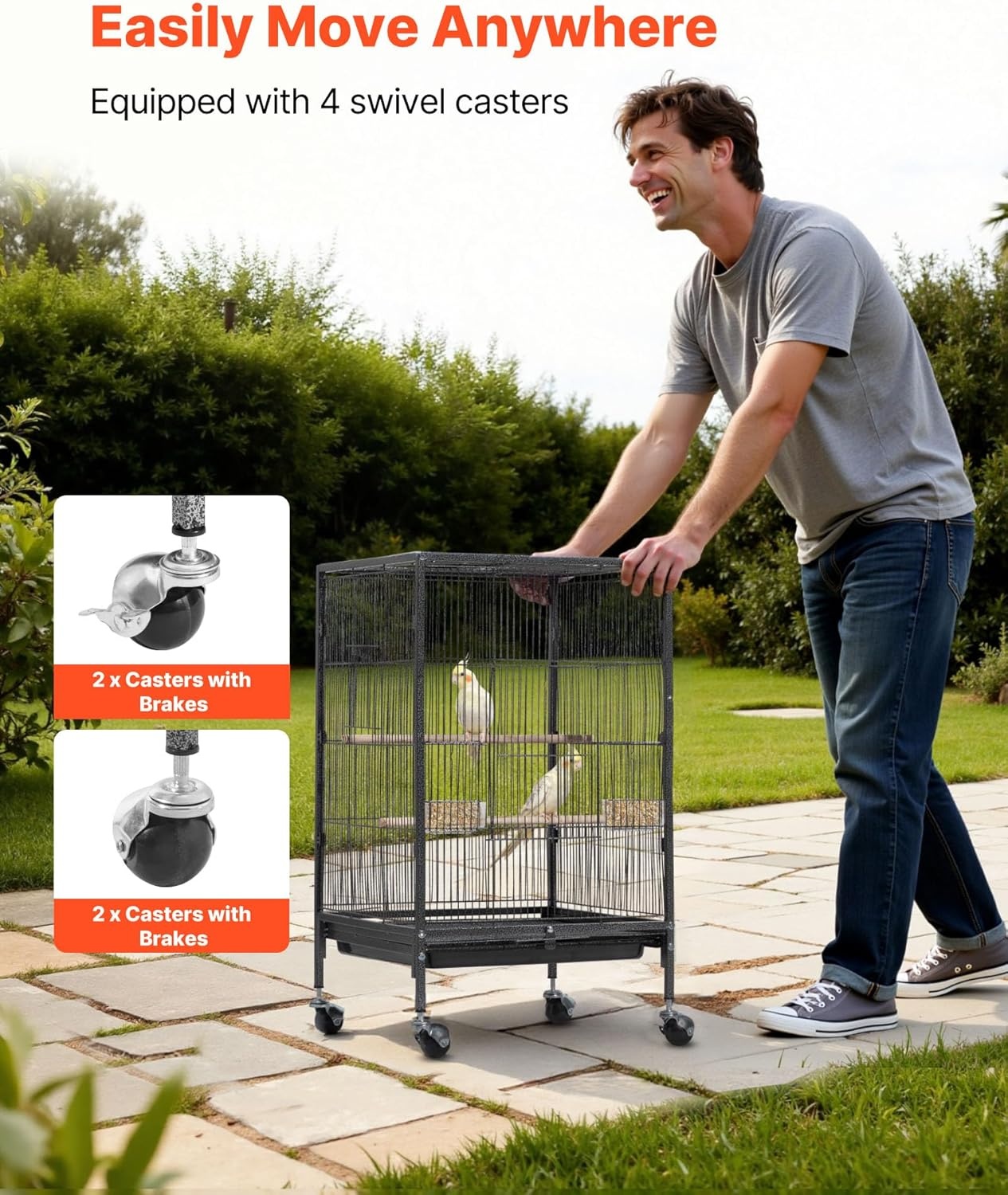image:imageVEVOR Bird Cage 246 x 167 x 539 inch Flat Top Wrought Iron Bird Flight Cage with Perches SlideOut Tray and Plastic Feeders Casters for Parrot Blue Tit Cockatiel Canary Budgerigar ConureBlack