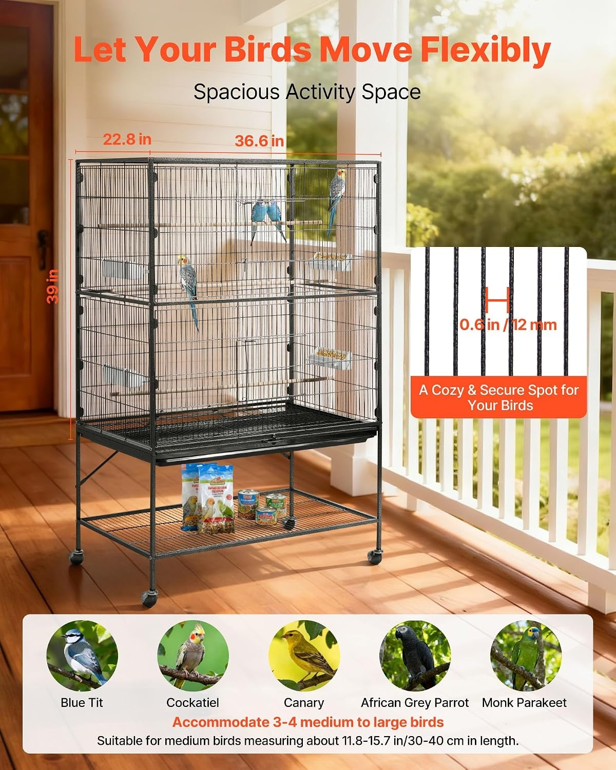 image:imageVEVOR Bird Cage 246 x 167 x 539 inch Flat Top Wrought Iron Bird Flight Cage with Perches SlideOut Tray and Plastic Feeders Casters for Parrot Blue Tit Cockatiel Canary Budgerigar ConureBlack