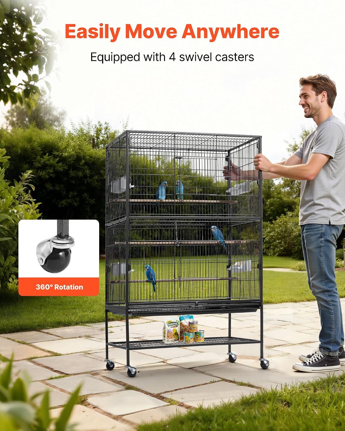 image:imageVEVOR Bird Cage 246 x 167 x 539 inch Flat Top Wrought Iron Bird Flight Cage with Perches SlideOut Tray and Plastic Feeders Casters for Parrot Blue Tit Cockatiel Canary Budgerigar ConureBlack