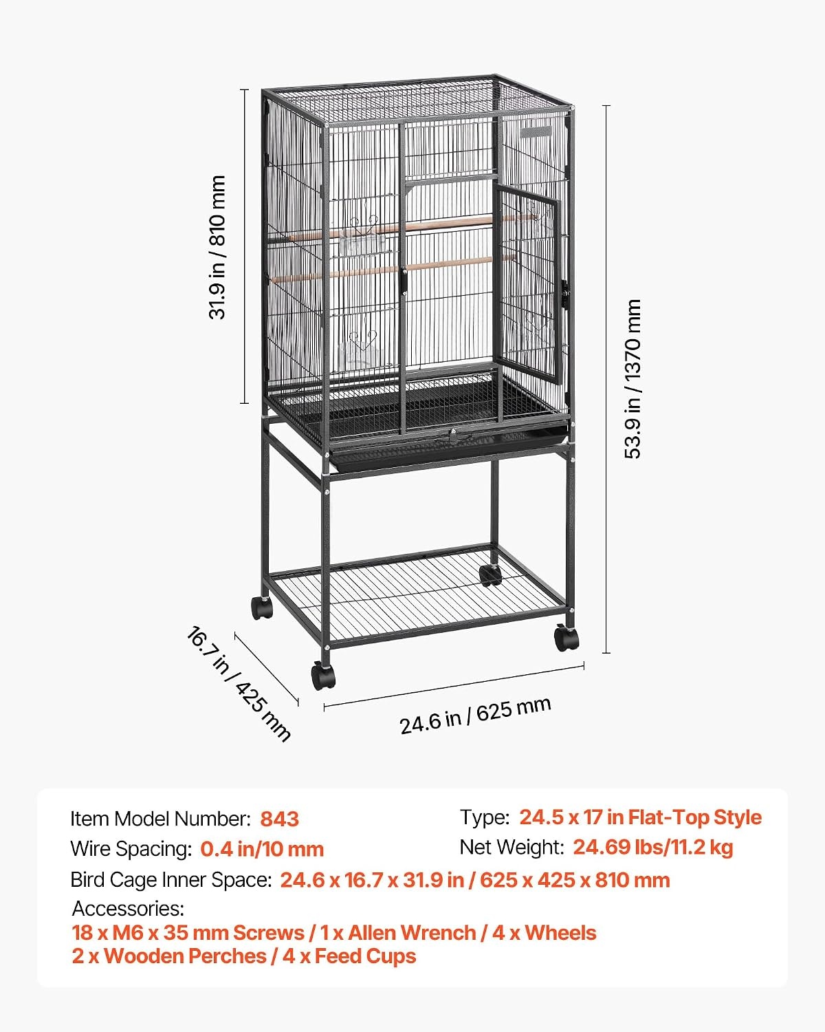 image:imageVEVOR Bird Cage 246 x 167 x 539 inch Flat Top Wrought Iron Bird Flight Cage with Perches SlideOut Tray and Plastic Feeders Casters for Parrot Blue Tit Cockatiel Canary Budgerigar ConureBlack