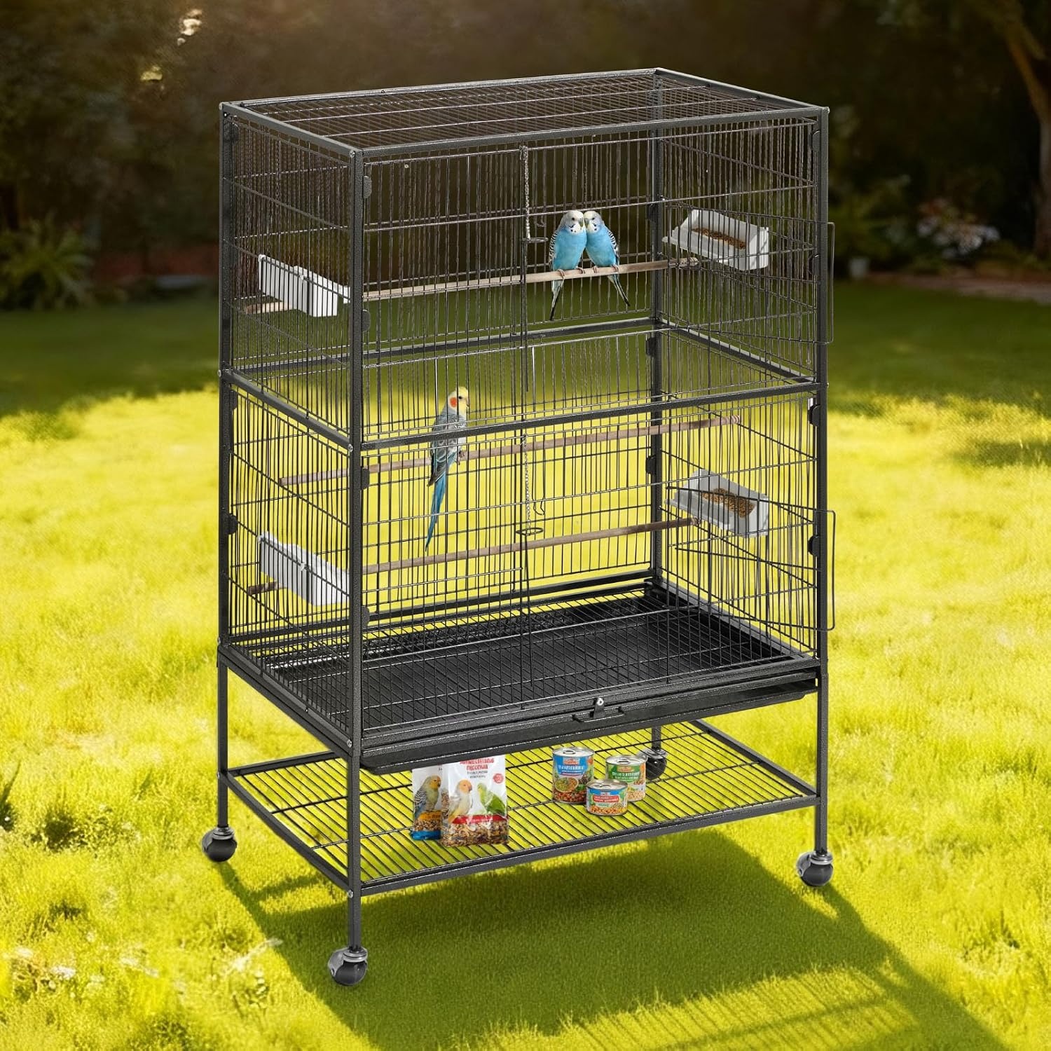 image:imageVEVOR Bird Cage 246 x 167 x 539 inch Flat Top Wrought Iron Bird Flight Cage with Perches SlideOut Tray and Plastic Feeders Casters for Parrot Blue Tit Cockatiel Canary Budgerigar ConureBlack
