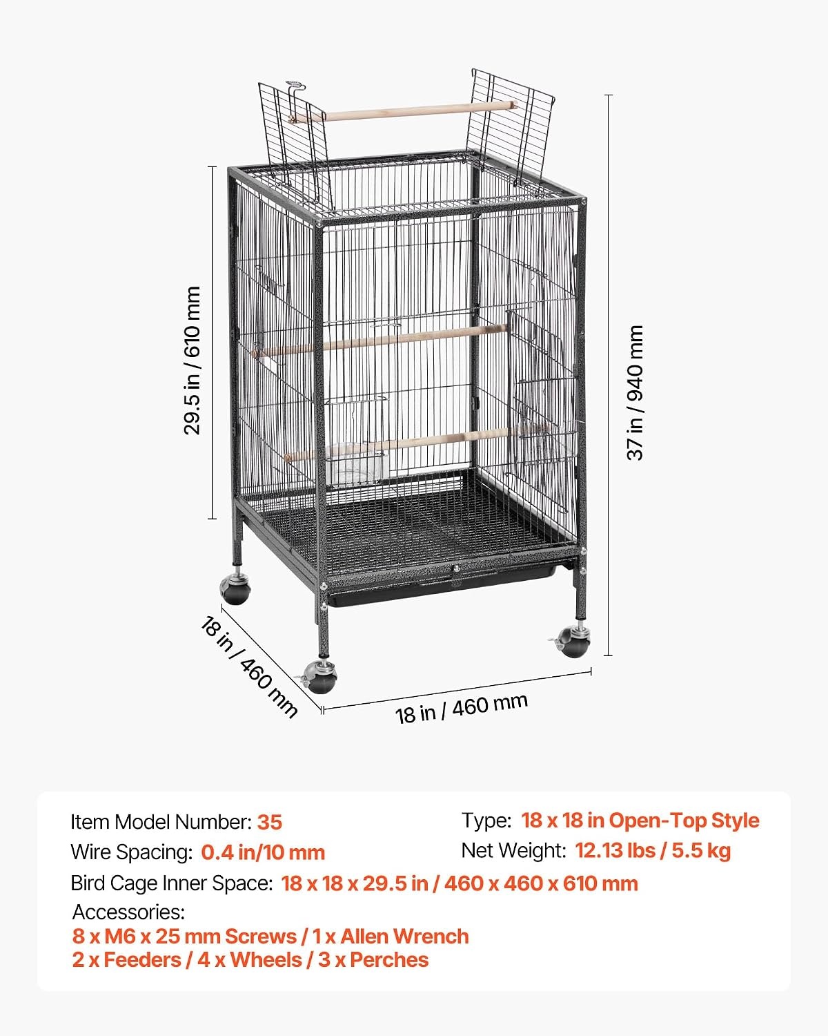 image:imageVEVOR Bird Cage 246 x 167 x 539 inch Flat Top Wrought Iron Bird Flight Cage with Perches SlideOut Tray and Plastic Feeders Casters for Parrot Blue Tit Cockatiel Canary Budgerigar ConureBlack