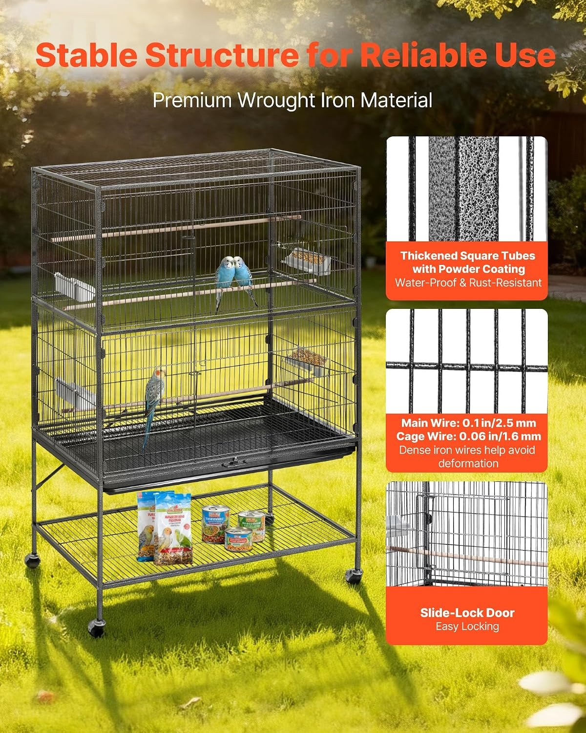image:imageVEVOR Bird Cage 246 x 167 x 539 inch Flat Top Wrought Iron Bird Flight Cage with Perches SlideOut Tray and Plastic Feeders Casters for Parrot Blue Tit Cockatiel Canary Budgerigar ConureBlack