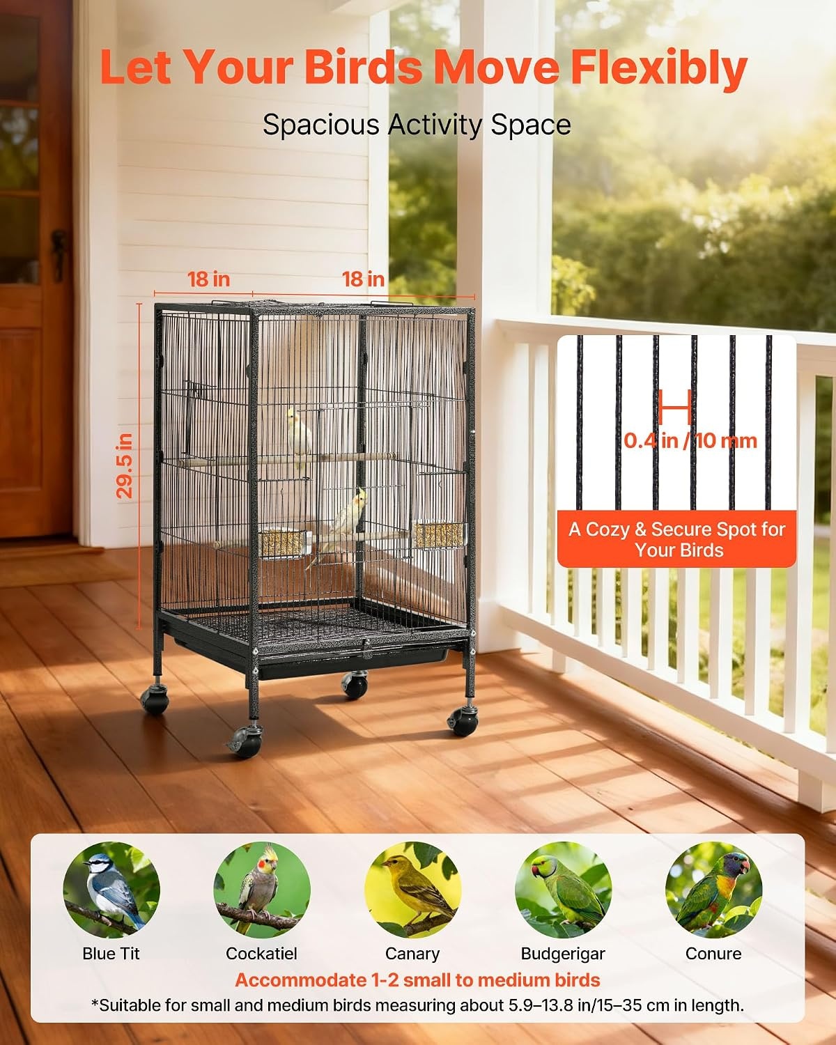 image:imageVEVOR Bird Cage 246 x 167 x 539 inch Flat Top Wrought Iron Bird Flight Cage with Perches SlideOut Tray and Plastic Feeders Casters for Parrot Blue Tit Cockatiel Canary Budgerigar ConureBlack
