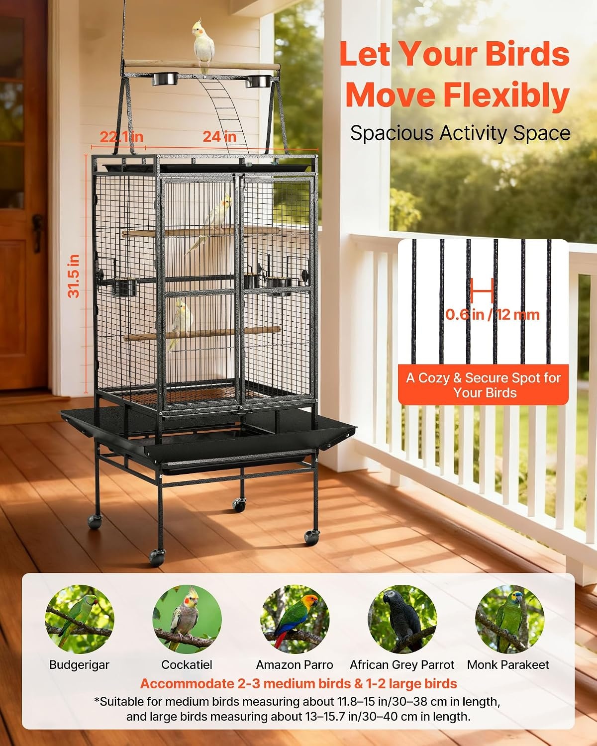 image:imageVEVOR Bird Cage 246 x 167 x 539 inch Flat Top Wrought Iron Bird Flight Cage with Perches SlideOut Tray and Plastic Feeders Casters for Parrot Blue Tit Cockatiel Canary Budgerigar ConureBlack